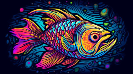 Psychedelic trippy fish cartoon 70s, rave style, acid color. retrowave concept. Ai generative.の素材