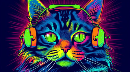 Psychedelic trippy cat cartoon 70s, rave style, acid color. retrowave concept. Ai generative.の素材
