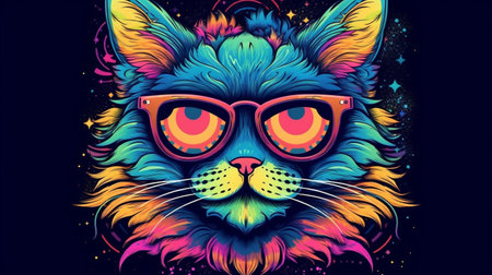 Psychedelic trippy cat cartoon 70s, rave style, acid color. retrowave concept. Ai generative.の素材