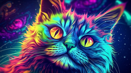 Psychedelic trippy cat cartoon 70s, rave style, acid color. retrowave concept. Ai generative.の素材