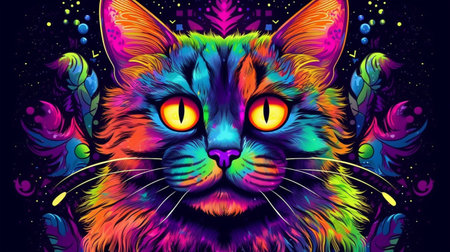 Psychedelic trippy cat cartoon 70s, rave style, acid color. retrowave concept. Ai generative.の素材