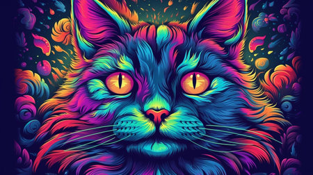 Psychedelic trippy cat cartoon 70s, rave style, acid color. retrowave concept. Ai generative.の素材
