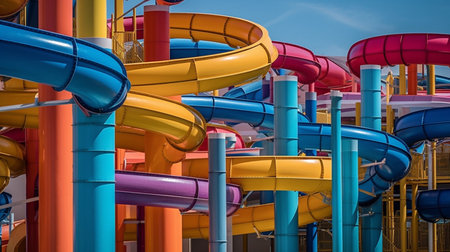 Water park, bright multi-colored slides with a pool. A water park without people on a summer day. Ai generative.の素材