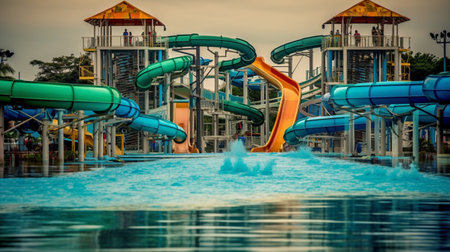 Water park, bright multi-colored slides with a pool. A water park without people on a summer day. Ai generative.の素材