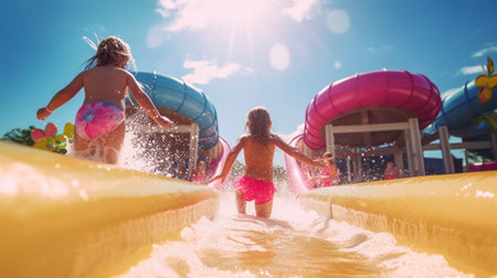 Children in the water park on the water slides. AI generative.の素材