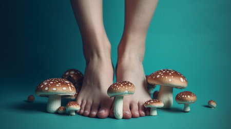 image with female bare legs, feet with mushrooms between fingers. health care. foot fungus. AI generative.の素材