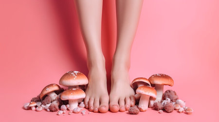 image with female bare legs, feet with mushrooms between fingers. health care. foot fungus. AI generative.の素材