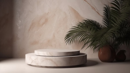 Abstract background scene of podium for display product for presentation concept made of natural stone slabs and palm. Ai generative.の素材