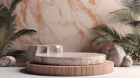 Abstract background scene of podium for display product for presentation concept made of natural stone slabs and palm. Ai generative.の素材