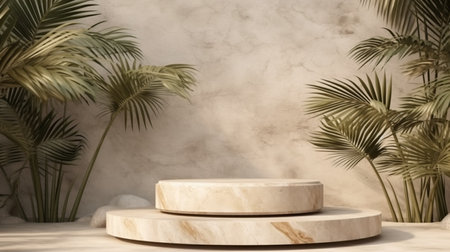 Abstract background scene of podium for display product for presentation concept made of natural stone slabs and palm. Ai generative.の素材