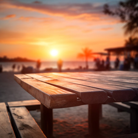 wooden empty table for mock up against blurred background with bokeh Empty wooden table top product display showcase stage. Tropical summer sunset beach bar Ai generative.の素材