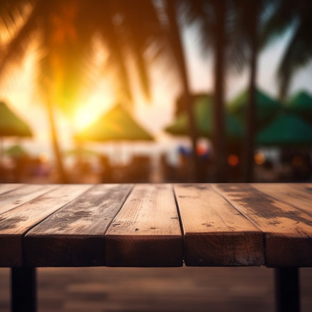 wooden empty table for mock up against blurred background with bokeh Empty wooden table top product display showcase stage. Tropical summer sunset beach bar Ai generative.の素材