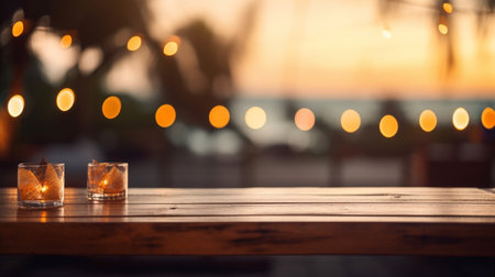 wooden empty table for mock up against blurred background with bokeh Empty wooden table top product display showcase stage. Tropical summer sunset beach bar Ai generative.の素材