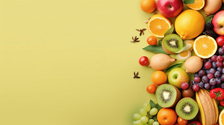 organic food background. Food photography different fruits and vegetables. copyspace. Ai generative.の素材
