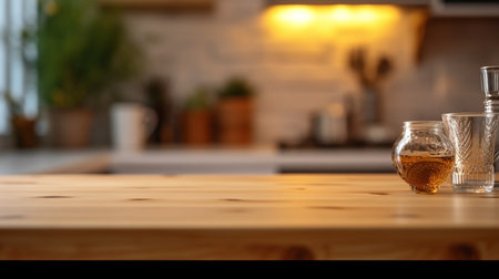 wooden empty table for mock up against blurred kitchen background with bokeh. AI generative.の素材