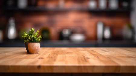 wooden empty table for mock up against blurred kitchen background with bokeh. AI generative.の素材