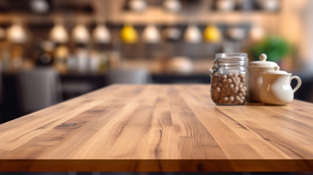 wooden empty table for mock up against blurred kitchen background with bokeh. AI generative.の素材