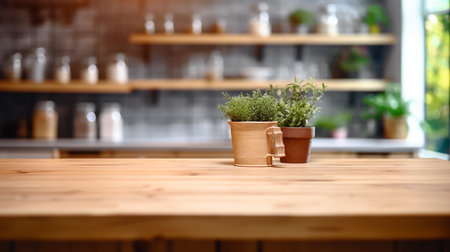 wooden empty table for mock up against blurred kitchen background with bokeh. AI generative.の素材