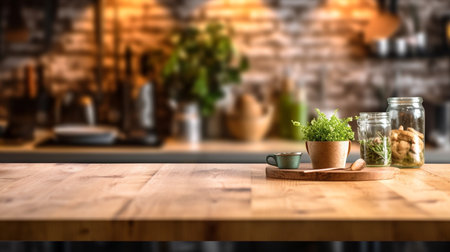 wooden empty table for mock up against blurred kitchen background with bokeh. AI generative.の素材