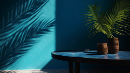 Blue empty table top and blue pattern wall with palm leaf shadows. Place for your product display. Ai Generative.の素材