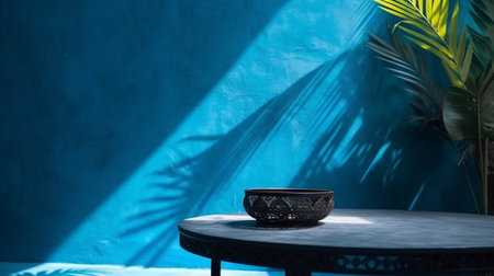Blue empty table top and blue pattern wall with palm leaf shadows. Place for your product display. Ai Generative.の素材