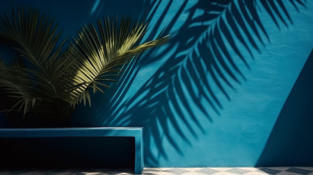 Blue empty table top and blue pattern wall with palm leaf shadows. Place for your product display. Ai Generative.の素材