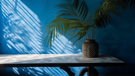 Blue empty table top and blue pattern wall with palm leaf shadows. Place for your product display. Ai Generative.の素材