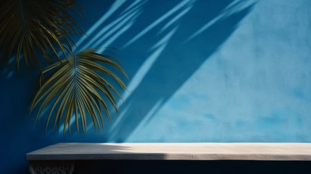 Blue empty table top and blue pattern wall with palm leaf shadows. Place for your product display. Ai Generative.の素材