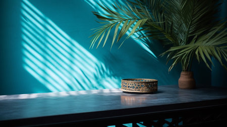 Blue empty table top and blue pattern wall with palm leaf shadows. Place for your product display. Ai Generative.の素材
