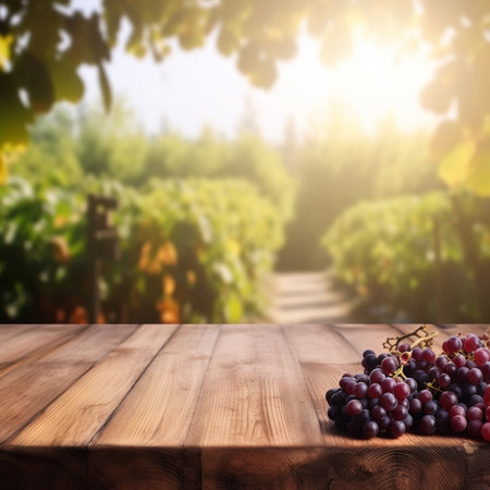 wooden empty table for mock up against blurred background with french vineyard. Ai Generative.の素材