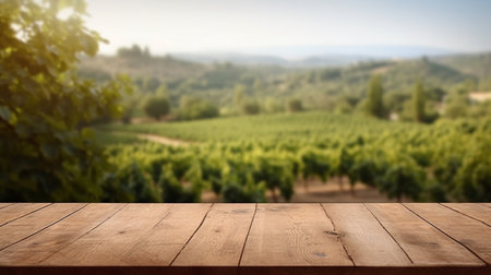 wooden empty table for mock up against blurred background with french vineyard. Ai Generative.の素材