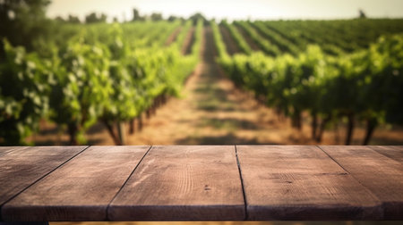 wooden empty table for mock up against blurred background with french vineyard. Ai Generative.の素材