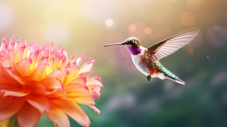 Hummingbird with bloom in forest. Colibri flying in the nature tropical flower. Ai Generative.の素材