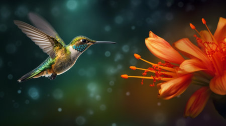 Hummingbird with bloom in forest. Colibri flying in the nature tropical flower. Ai Generative.の素材