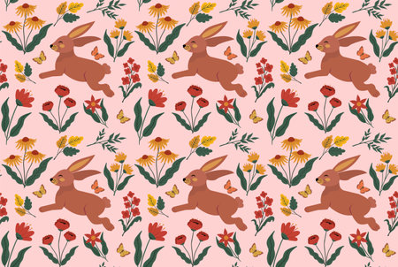 Cute bunny and Duckling in Spring Bloomy flourish garden vector seamless pattern. Vintage romantic nature hand drawn print. Vector illustration.のイラスト素材