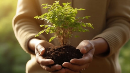 hand holding young plant on blur green nature background. concept eco earth day. Ai generative.の写真素材