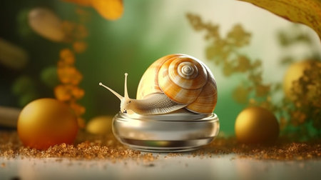 Close up, of a snail, streaking towards a jar of skin cream. Ai generative.の素材