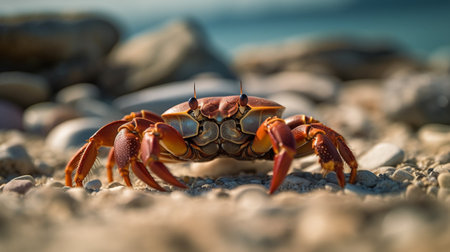 Crab by the sea on the beach macro. Ai Generative.の素材