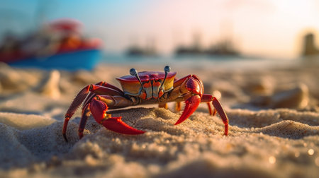 Crab by the sea on the beach macro. Ai Generative.の素材