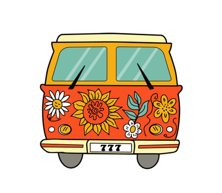 Hippie vintage bus with flowers. Groovy retro hippie travel car. vector illustration.のイラスト素材