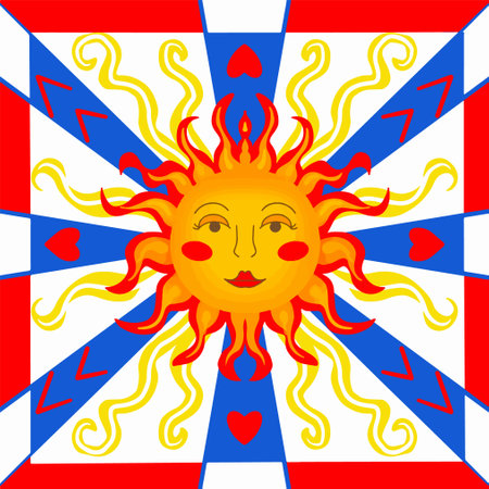 Trendy pattern tile majolica with sun face symbol. Colorful ethnic round ornamental mandala. vector illustrationのイラスト素材