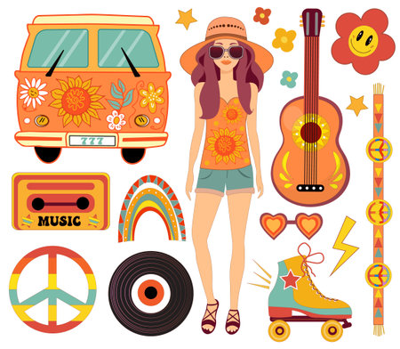 Groovy hippie 70s vector set. Cartoon funny style. Psychedelic flower, heart, retro girl, rainbow, roller-skates. Isolated sticker pack.Vector illustration.のイラスト素材