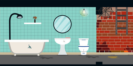 Bathroom in an old dirty apartment. brick wall, bath and shower, toilet. For 2d games location. vector illustration.のイラスト素材