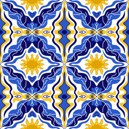 Majolica pattern. Sicilian hand drawn blue ornament. Traditional blue ceramic tiles. Portuguese traditional azulejo pattern. Moroccan style.Vector illustration.のイラスト素材