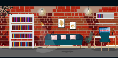 Design of a cozy room for working from home. Office with computer, workplace room, cabinet. Dirty and old apartment living room interior location for 2d game . vector illustration.のイラスト素材