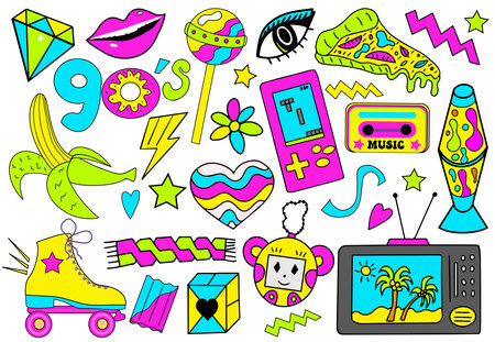 Set of 90s retro devices in modern acid psychedelic style. Nostalgia for the 1990s. cassette, game console, roller skates, electronics. vector illustration.のイラスト素材
