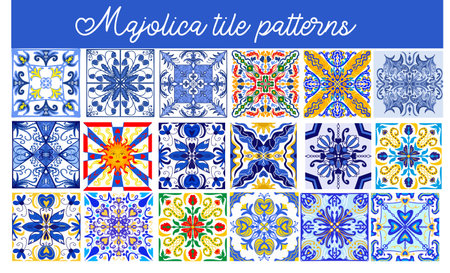Majolica patterns set. Sicilian hand drawn blue ornament. Traditional blue and white ceramic tiles. Portuguese traditional azulejo pattern. Moroccan style.Vector illustration.のイラスト素材