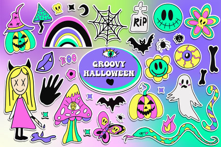 Groovy halloween stickers set in retro 70s style. Psychedelic collection of hippie design elements. vector illustration.のイラスト素材