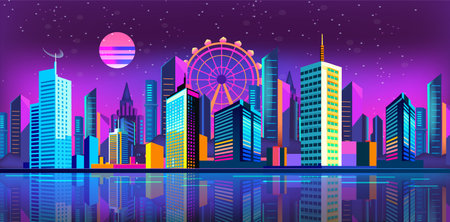 Futuristic night city flat design. Cityscape on a dark background with bright and glowing neon purple and blue lights. Cyberpunk and retro wave style. Vector illustrationのイラスト素材