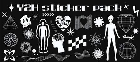 Y2K set of retro elements and abstract brutalism shapes. Future Techno sci-fi Geometric shapes. vector illustration.のイラスト素材